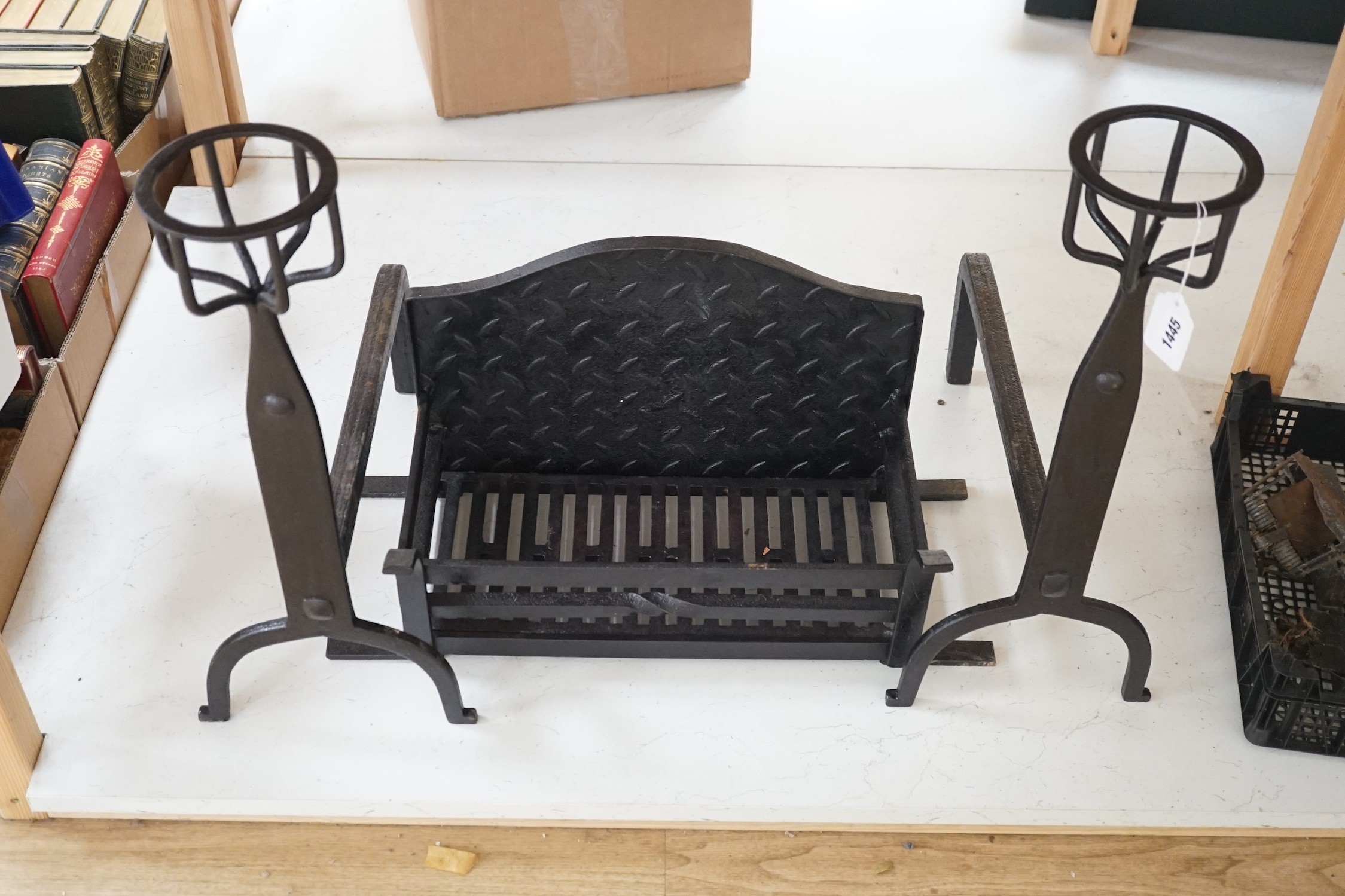 A cast iron fire basket and pair of fire dogs, height 58cm